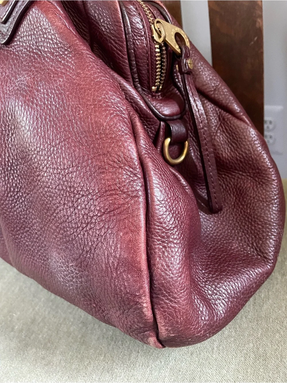 Marc by Marc Jacobs Burgundy Leather Pleated Satchel with Gold Hardware